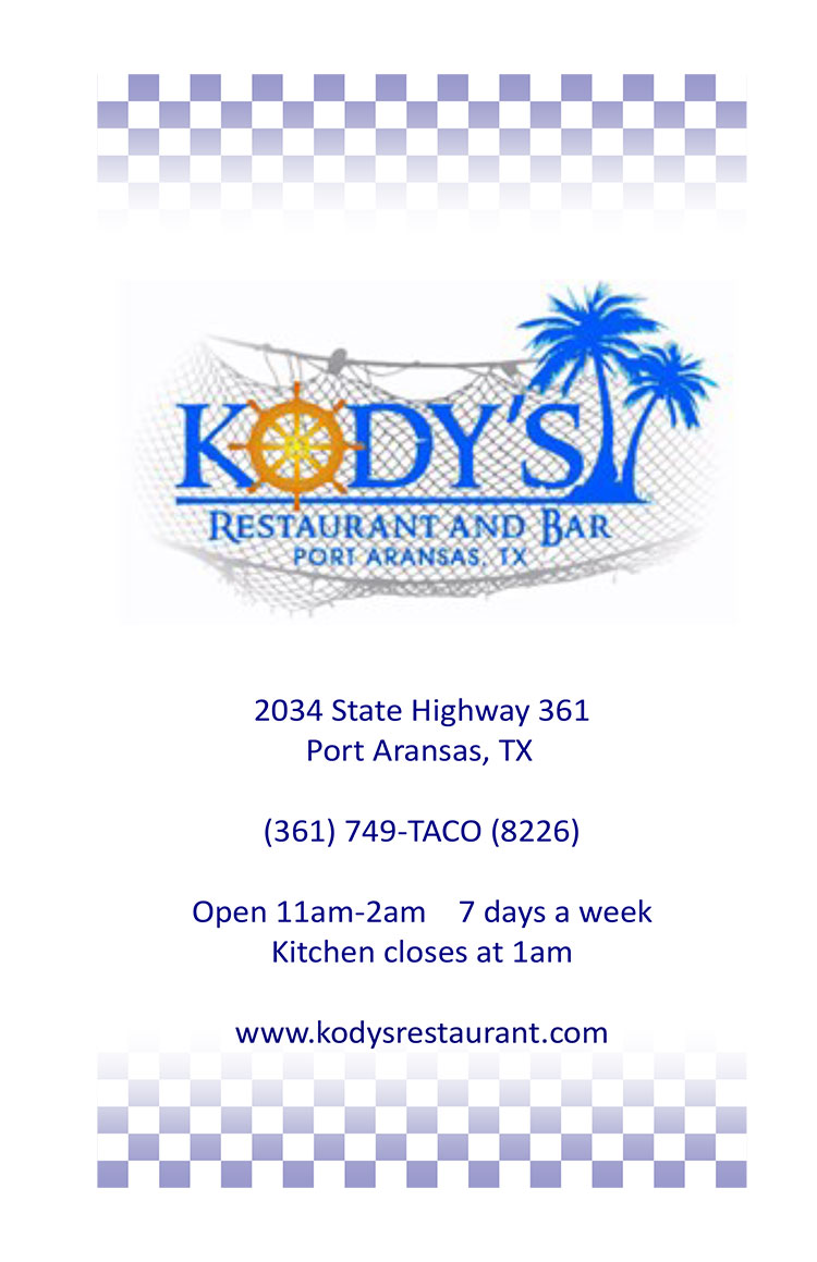 Kody's Restaurant Menu in Port Aransas, Texas.